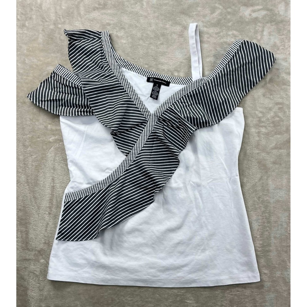 INC International Concepts Womens White Ruffle One Shoulder Striped Top M